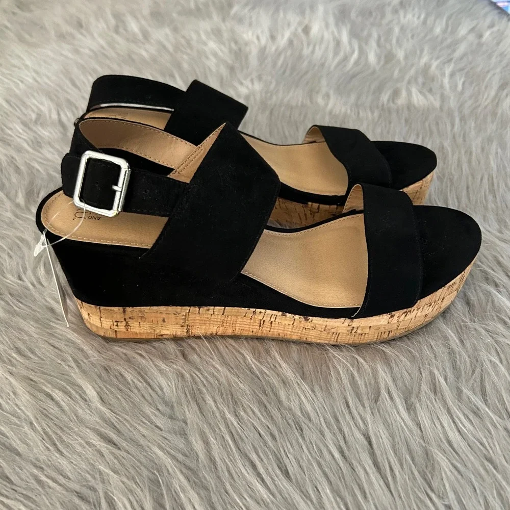 Time And Tru Wedge Sandals Womens Size 9 Black Heeled Sandals Open Toe Shoes